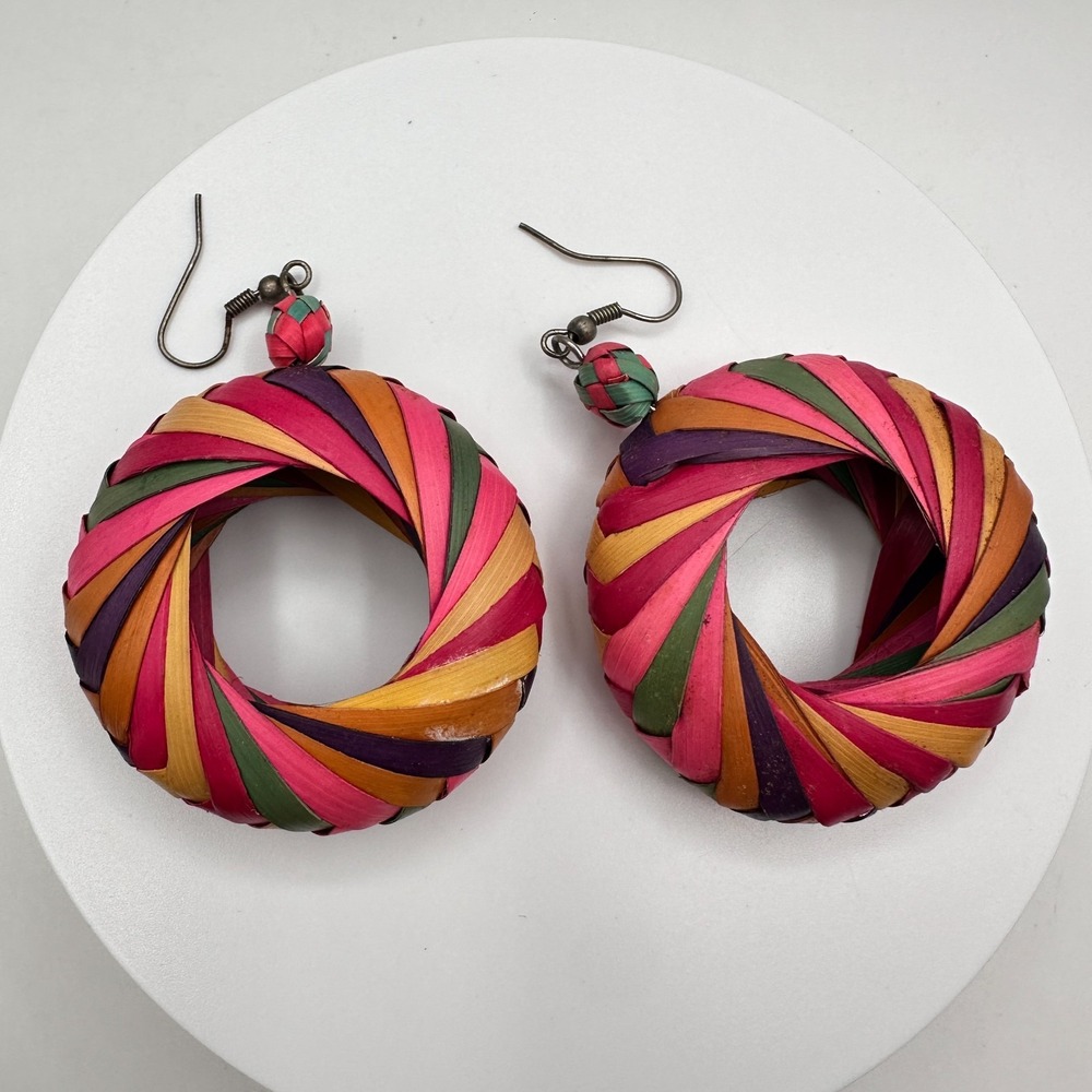 Vintage 90s Multi Color Woven Straw Hoop Earrings Boho Women's Jewelry